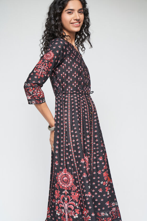 Black Floral Flared Kurta, Black, image 3